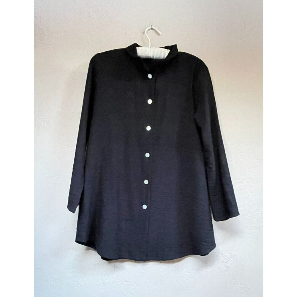 Christopher Calvin Womens Casual Button Up Tunic Shirt Small Black Long Sleeve